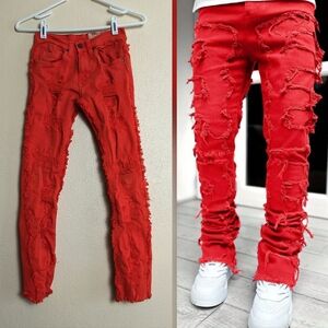 FWRD Denim Jeans STACKED Boy Size 8 Fit 2 Red Coral Distressed Stretch Skinny